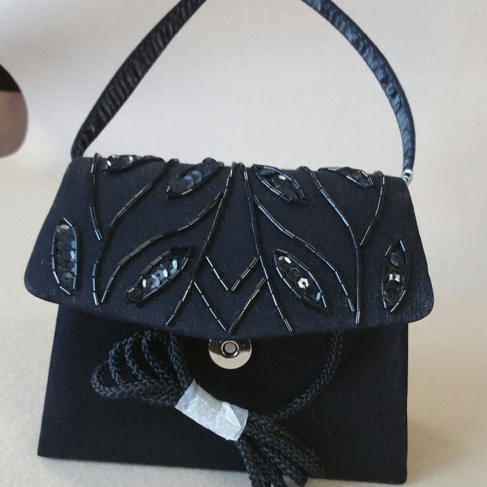 Evening bag, beaded black satin